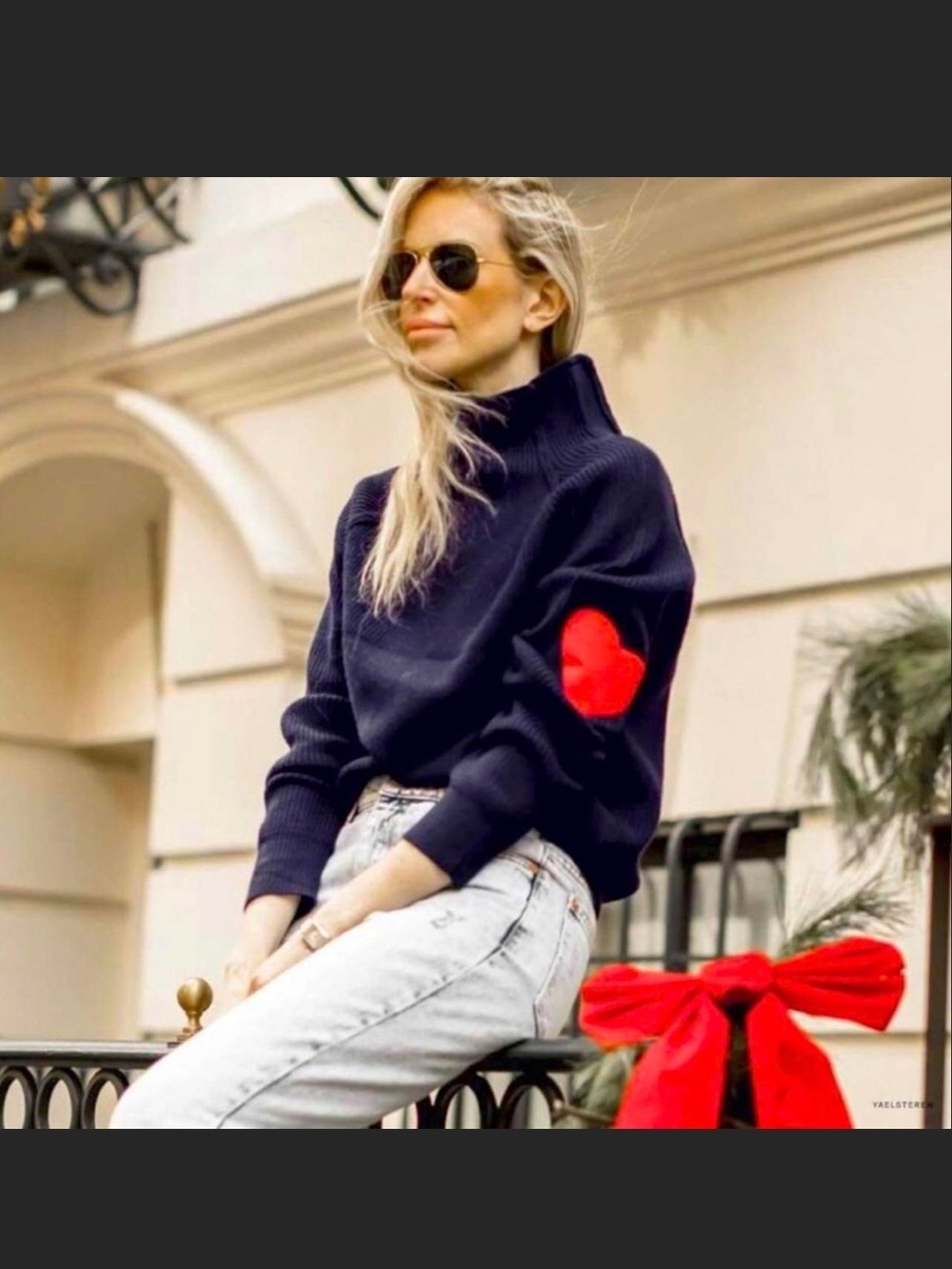Chicwish Women's Navy Turtleneck Sweater with Red Heart Elbow Patch